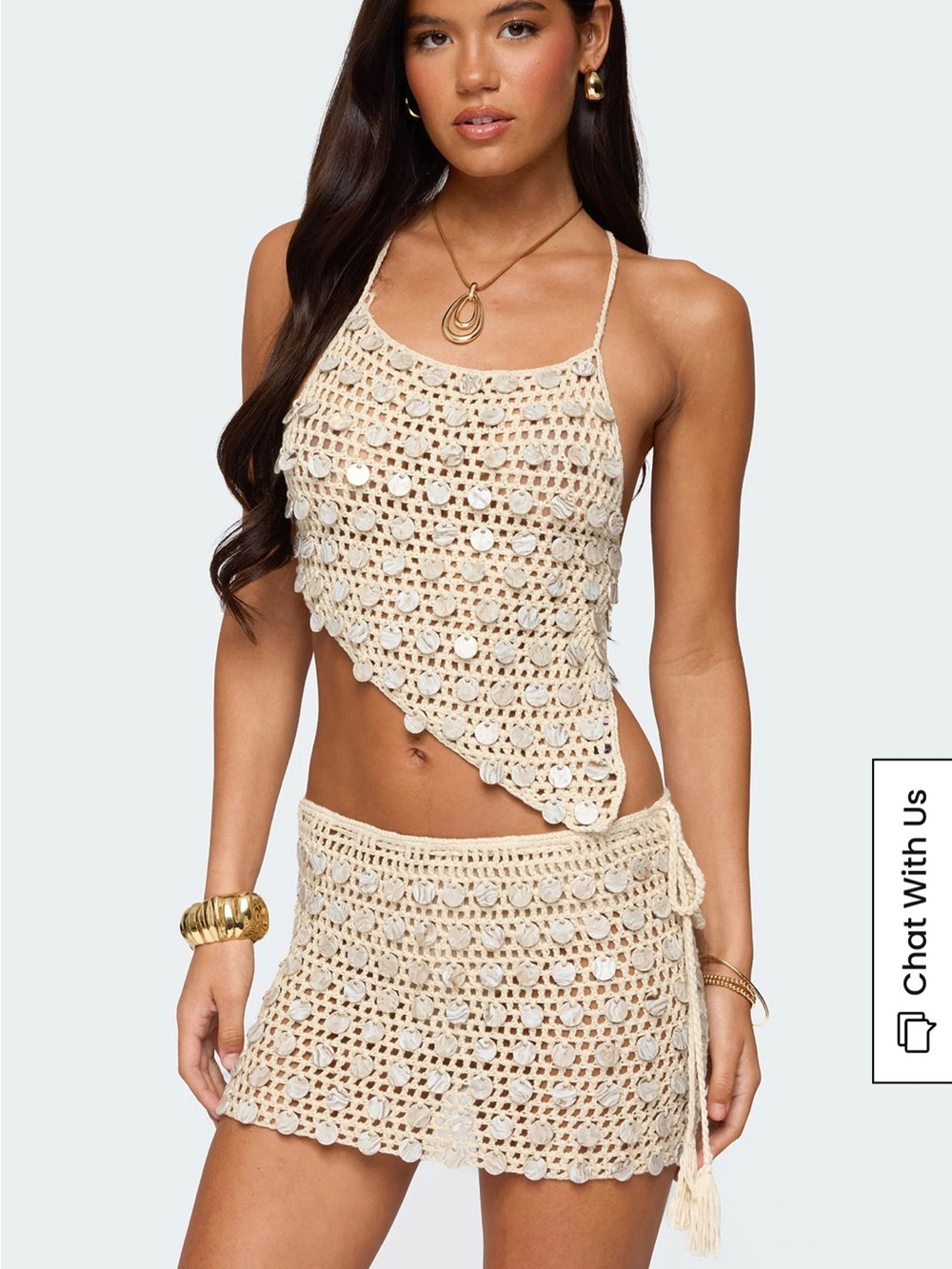 Edikted Cream Crochet Halter Top & Mini Skirt Set
